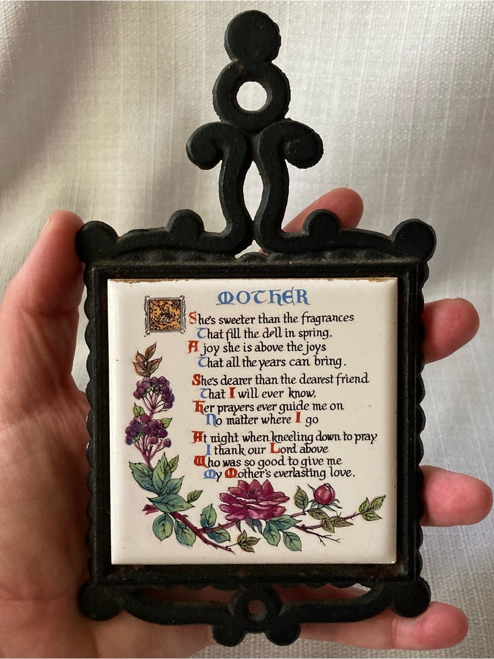 Vintage Japan Cast Iron Tile Trivet with Mother Poem & Beautiful Botanic Art!